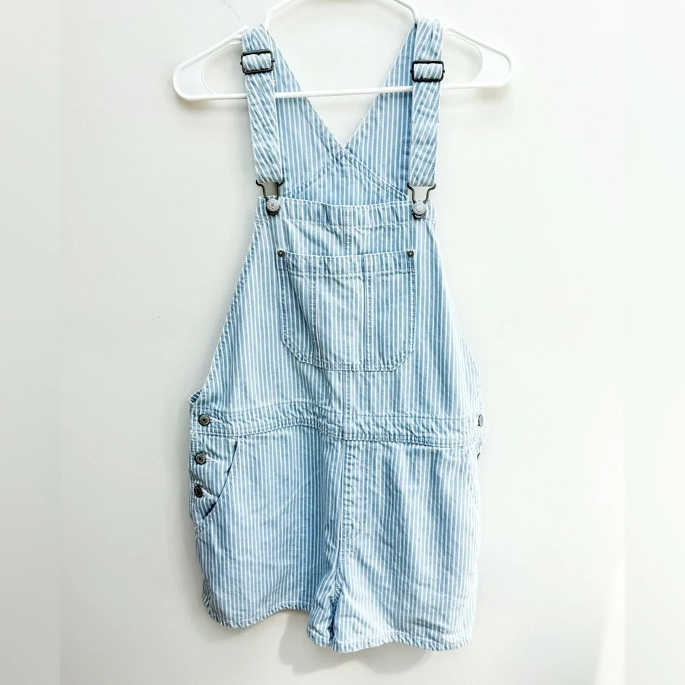Women’s Light Blue Stripe Denim Short Overalls - Picture 3 of 7